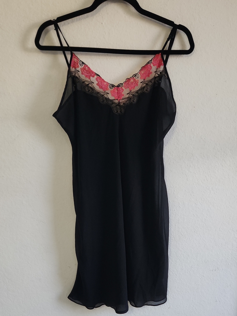 Vintage Romantic Coquette Black Slip Dress Nightgown Floral Embroidered Lace L